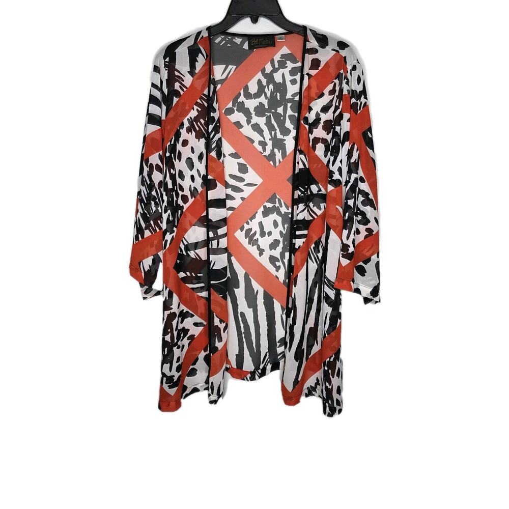 Bob Mackie Wearable Art Kimono Cardigan 1X Open Front Abstract Red Black Sheer